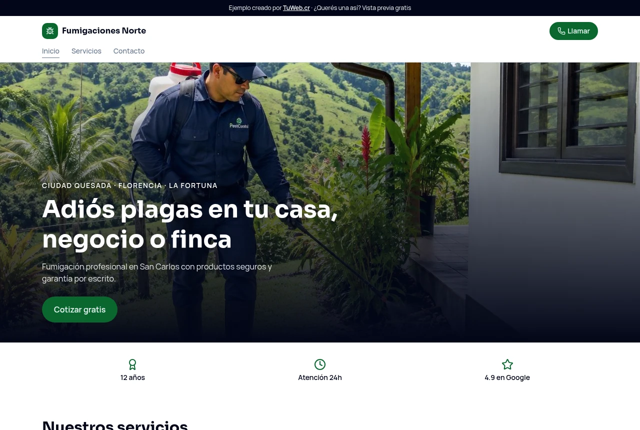 Captura real del demo de Fumigaciones Norte SC en una laptop